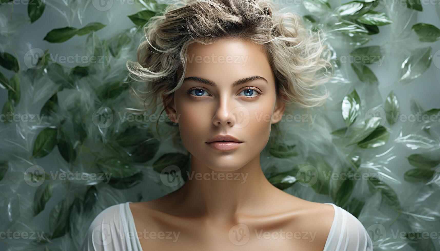 AI generated Beautiful young woman with blond curly hair looking at camera generated by AI photo