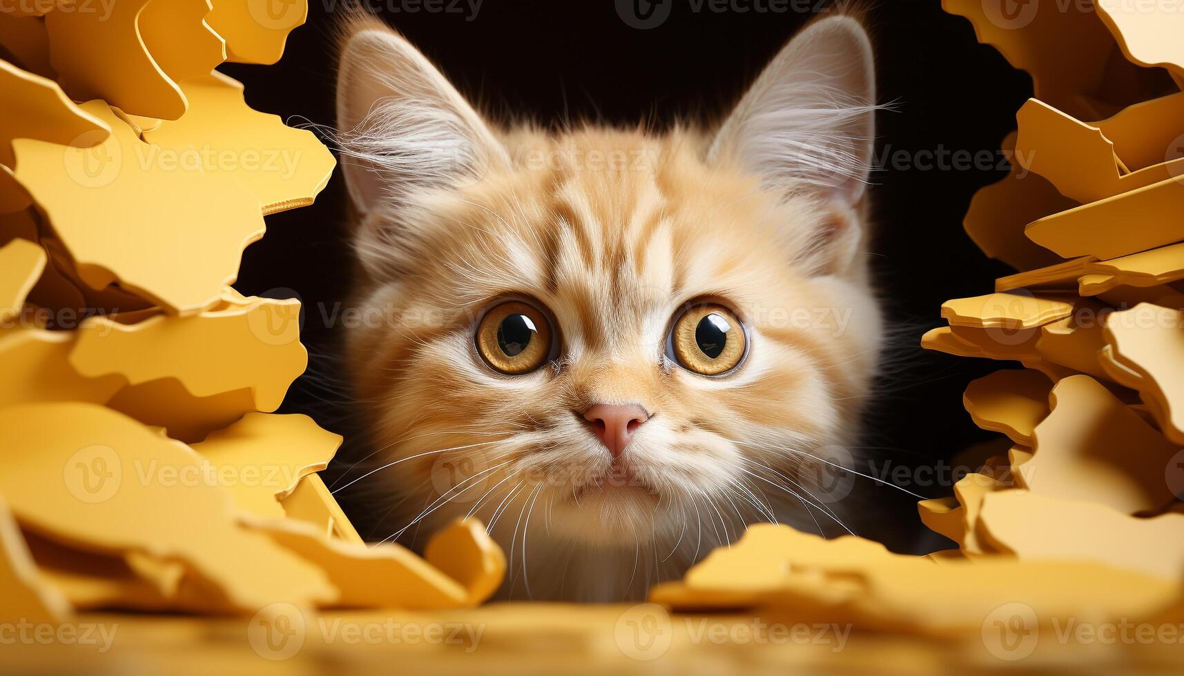 AI generated Cute kitten with yellow fur, sitting and staring at camera generated by AI photo