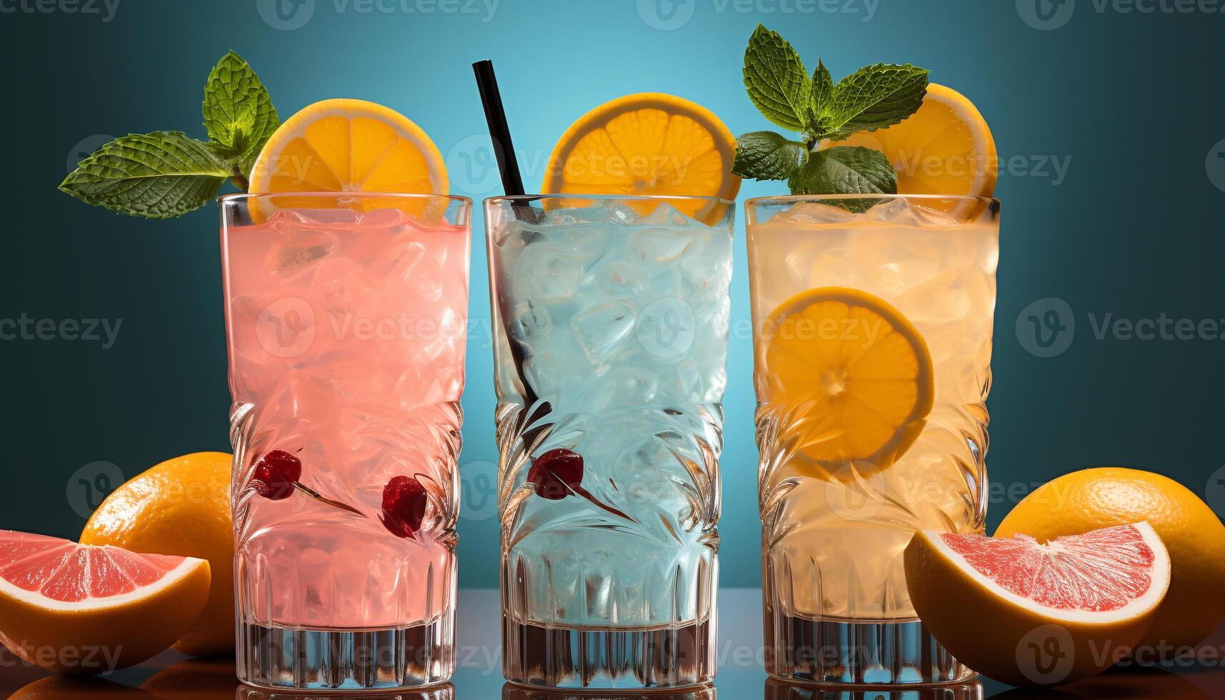AI generated Fresh fruit cocktail with ice, lemon, lime, and mint leaf generated by AI photo
