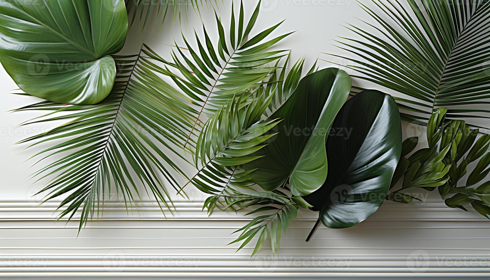 AI generated Tropical palm tree leaves create a fresh, green summer backdrop generated by AI photo