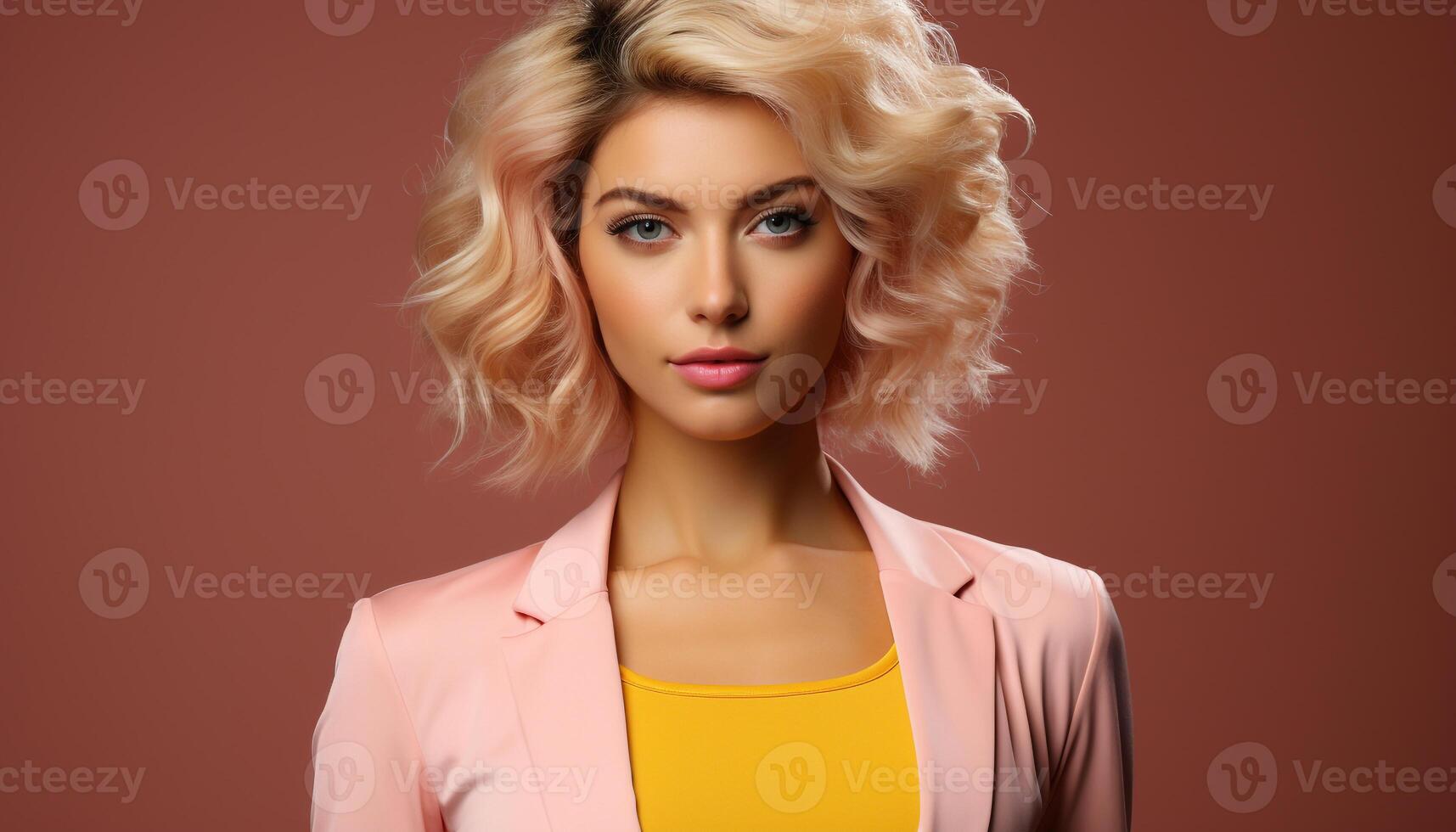 AI generated Beautiful woman with curly blond hair looking at camera confidently generated by AI photo