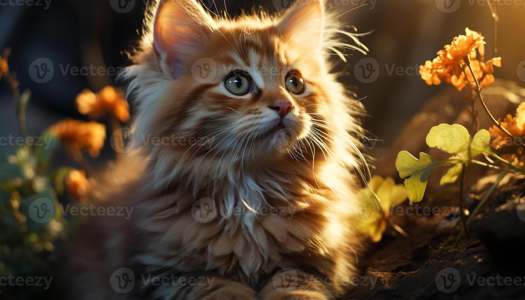AI generated Cute kitten sitting in grass, looking at camera, playful generated by AI photo