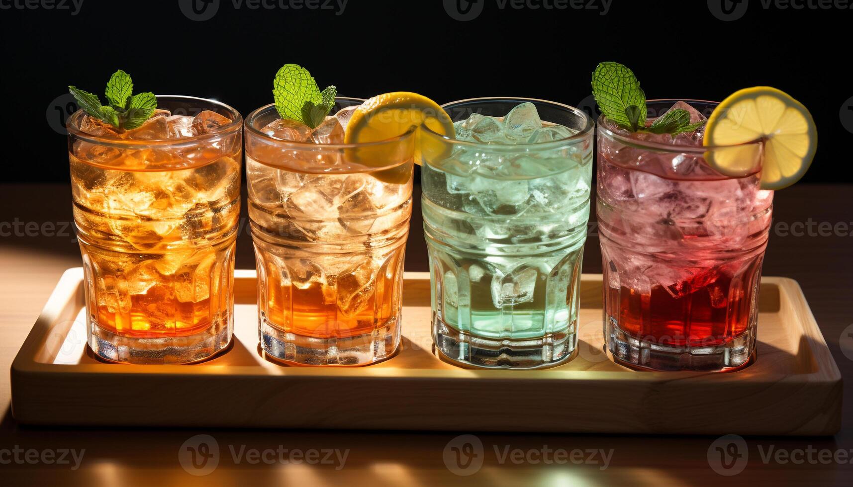 AI generated Refreshing cocktail with ice, fruit, and a splash of soda generated by AI photo