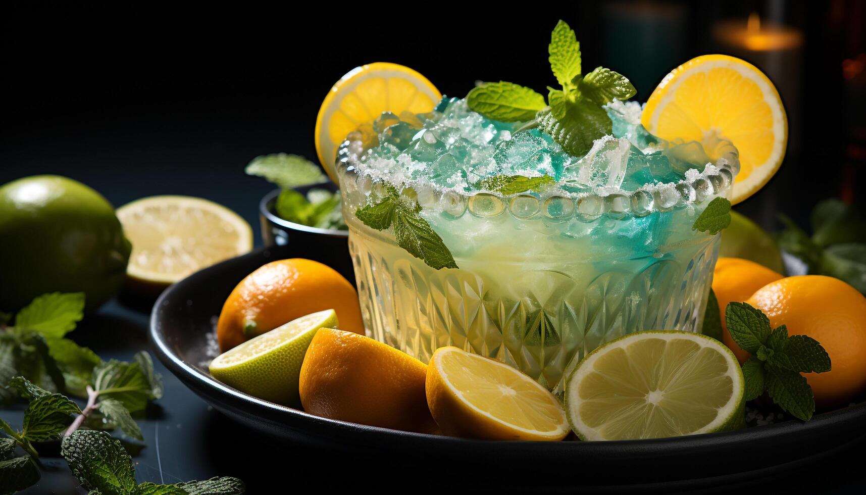 ai generado refrescante agrios cóctel con menta hoja, hielo, y limón rebanada generado por ai foto