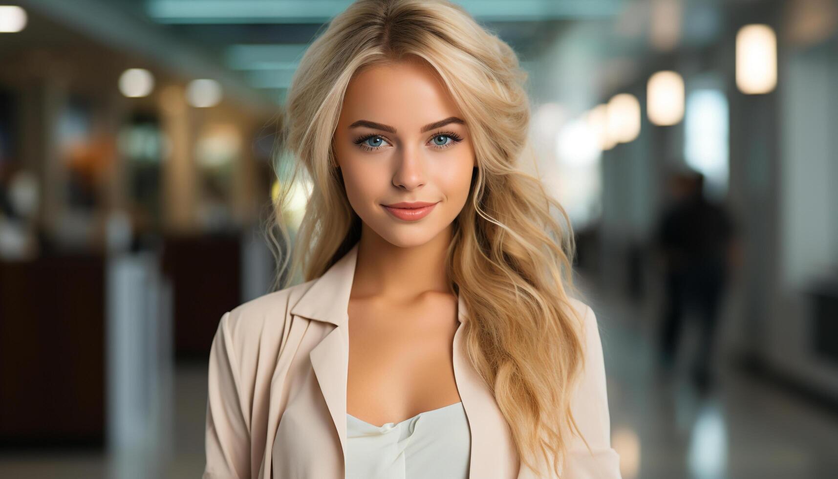 AI generated Beautiful businesswoman with long blond hair smiling confidently at camera generated by AI photo