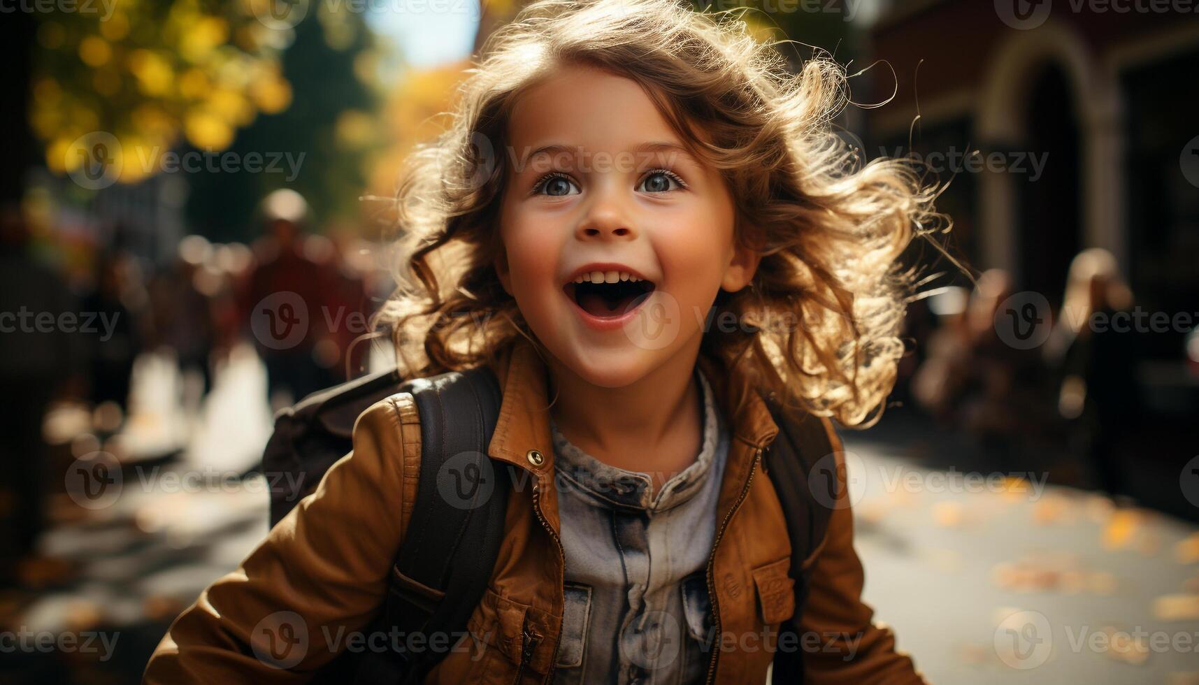 ai generado sonriente niña disfrutando otoño naturaleza, despreocupado y contento generado por ai foto