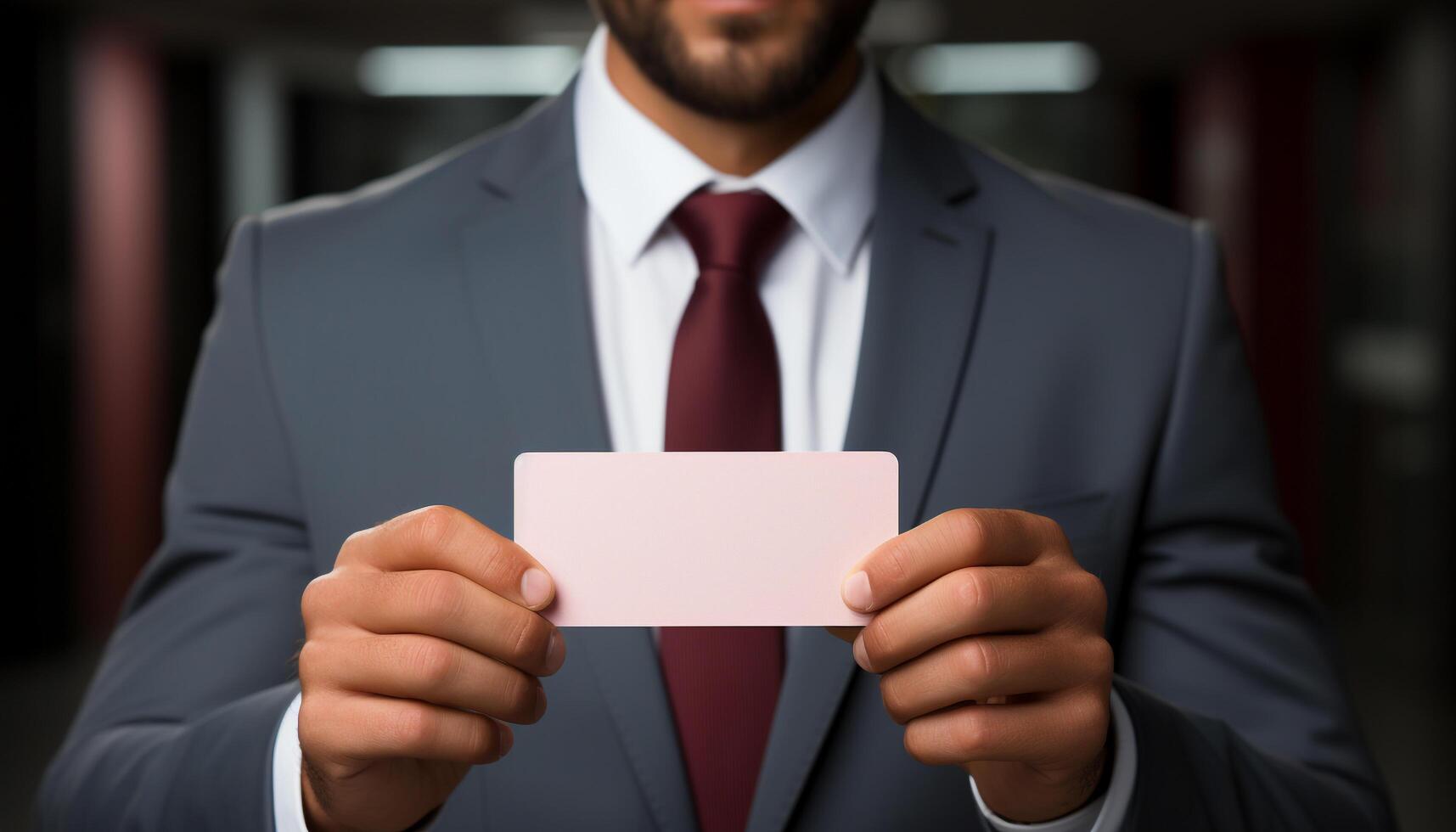 AI generated Confident businessman holding business card, showing success in corporate world generated by AI photo