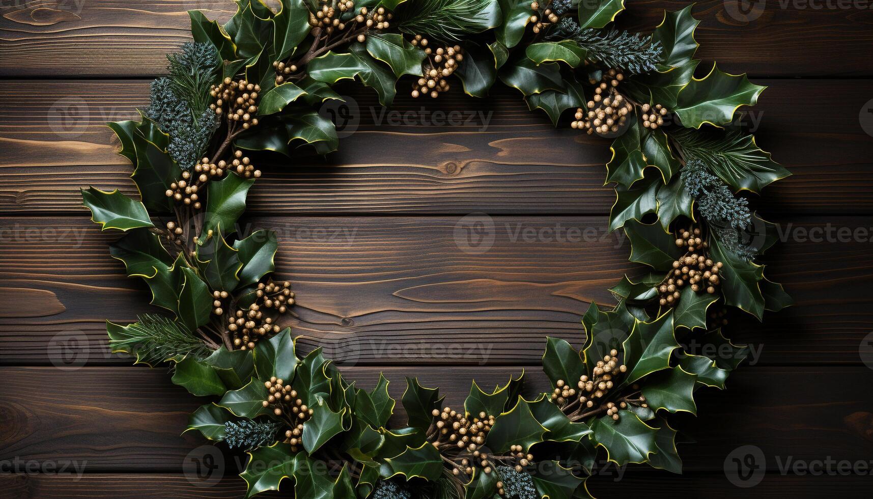 AI generated Rustic wood wreath frames nature celebration in winter season generated by AI photo