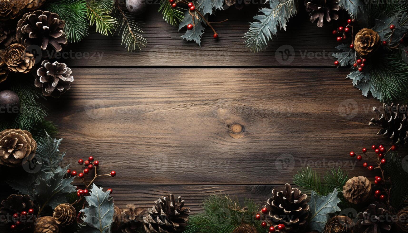 AI generated Winter celebration rustic wood table, gift, fir tree, snowflake backdrop generated by AI photo