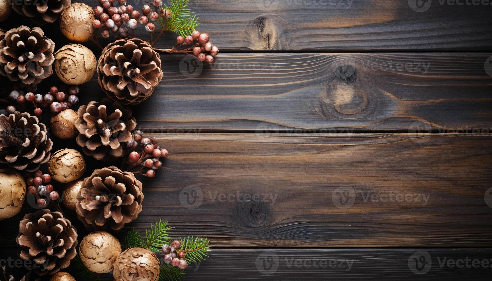 AI generated Rustic wood table with pine cone decoration, winter celebration generated by AI photo