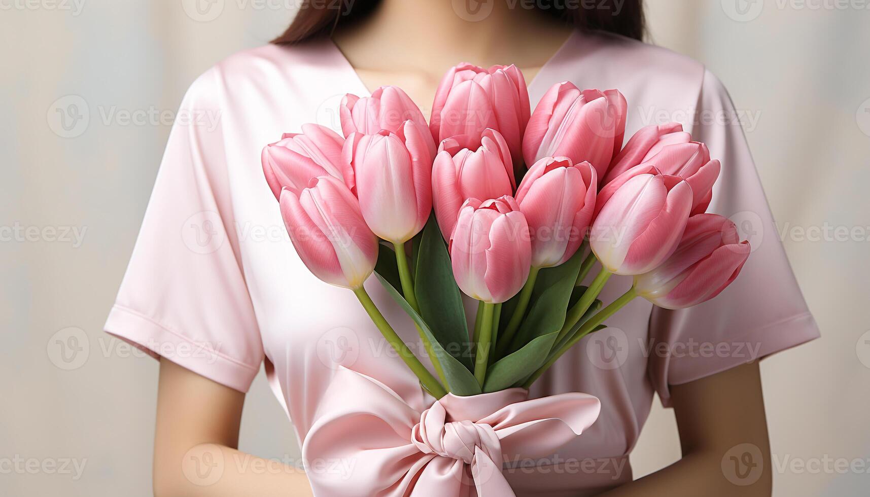 AI generated A smiling woman holding a bouquet of fresh tulips generated by AI photo