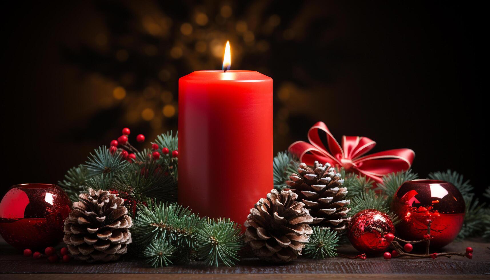 AI generated Winter celebration glowing candle illuminates decorated Christmas tree generated by AI photo