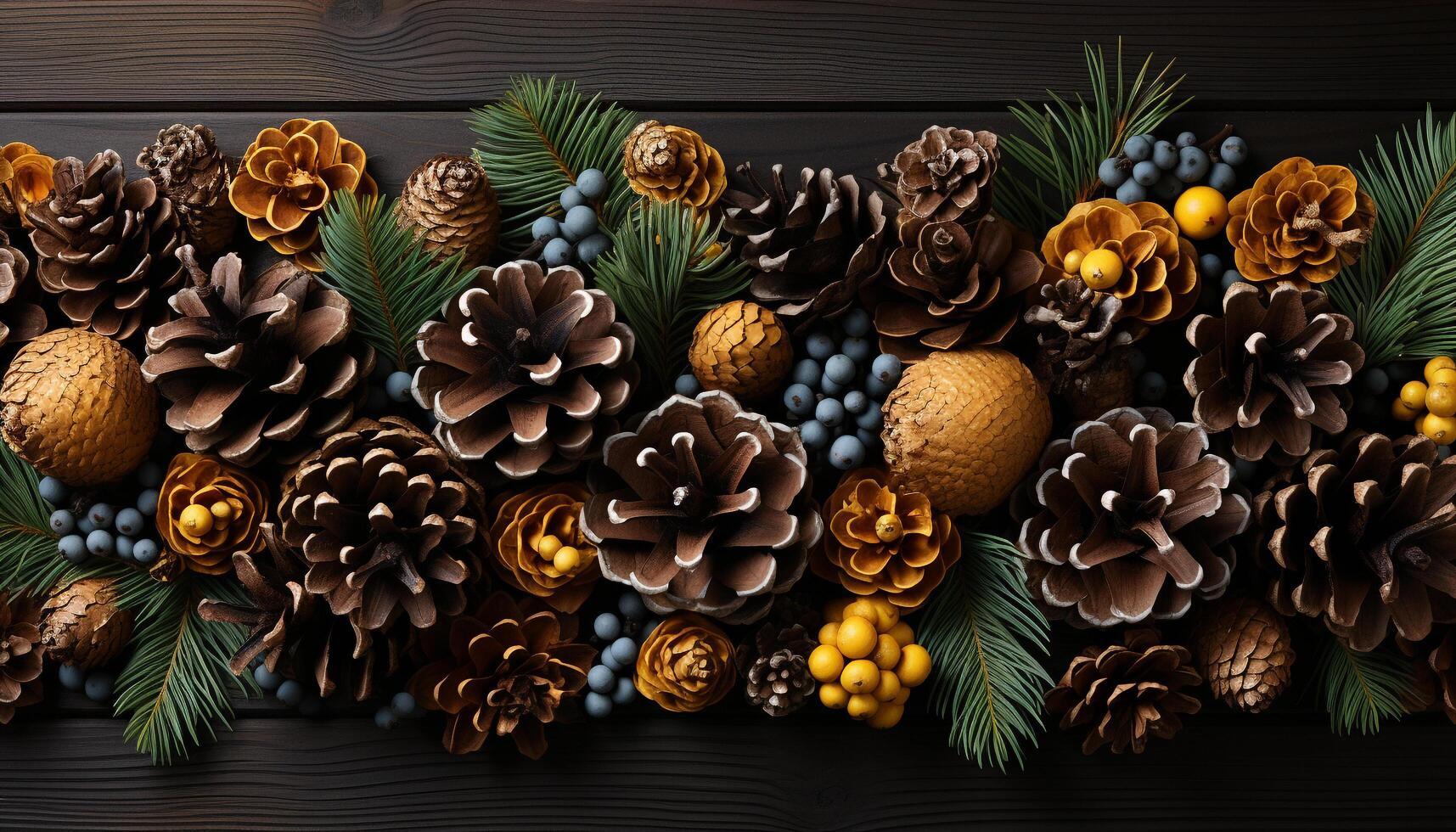 AI generated Winter celebration nature gift, a pine cone on rustic wood generated by AI photo