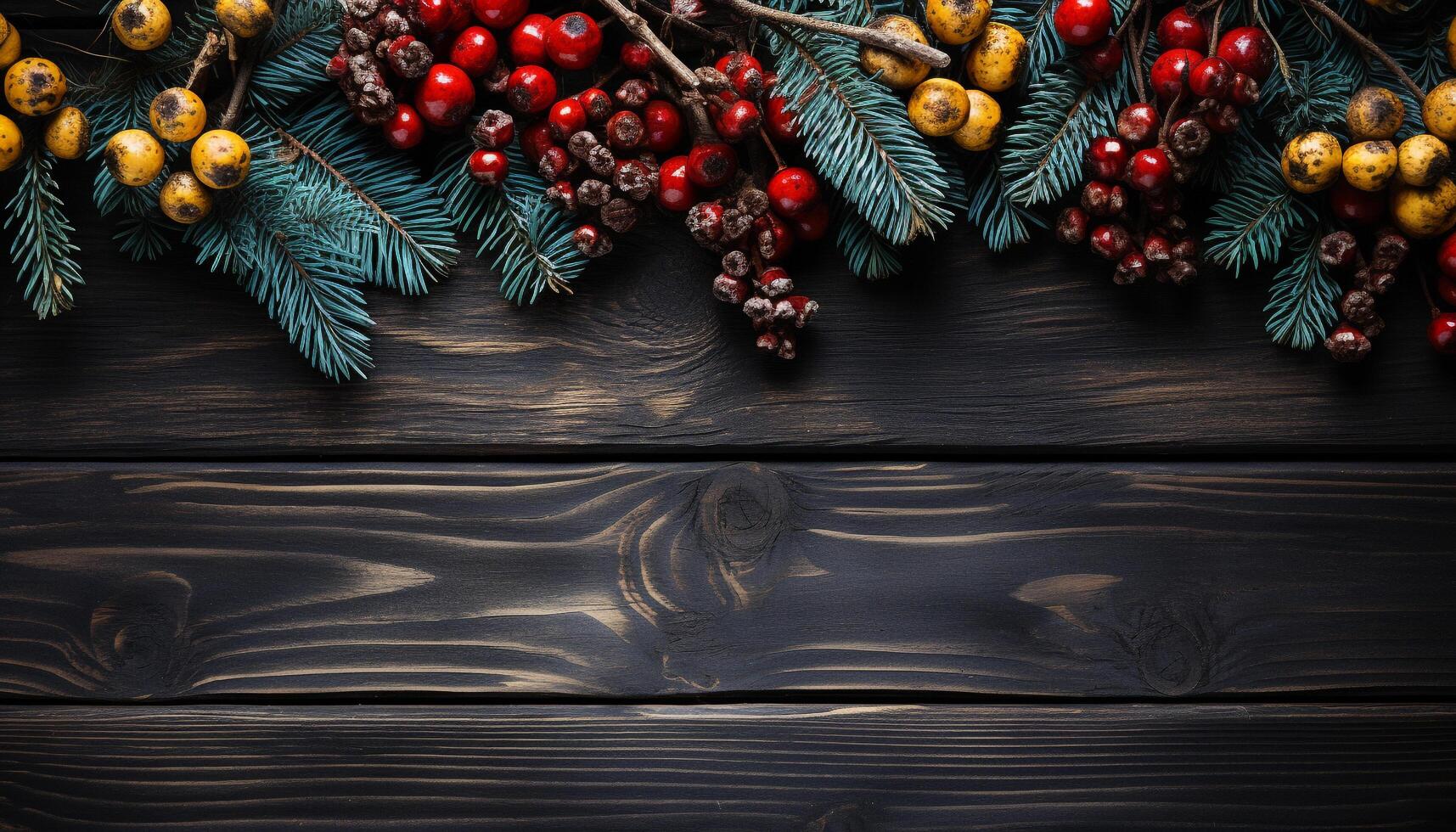 AI generated Rustic wood table with homemade Christmas decorations and snowflakes generated by AI photo