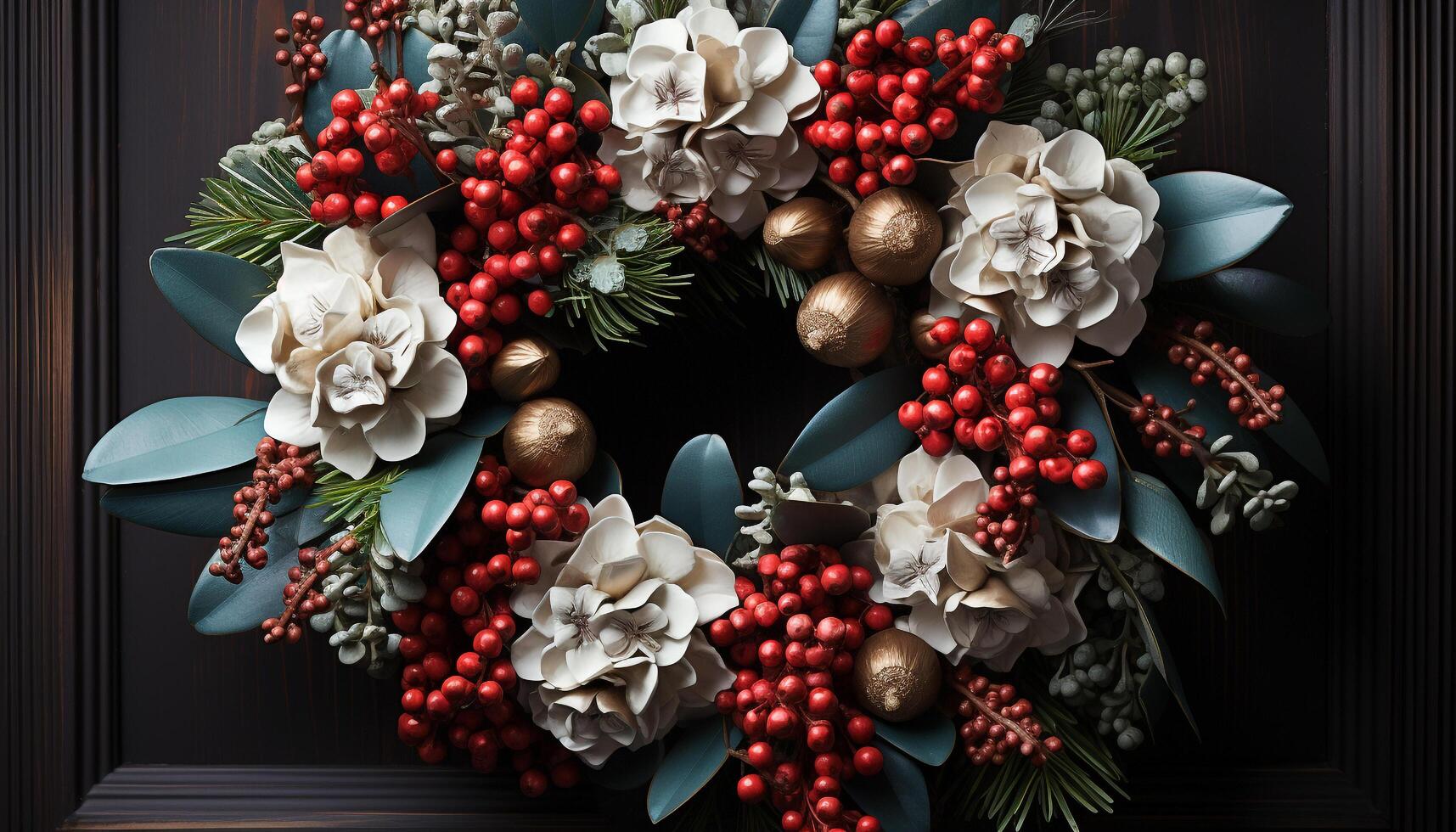 AI generated Winter celebration wreath of holly, rowanberry, and pine cone generated by AI photo