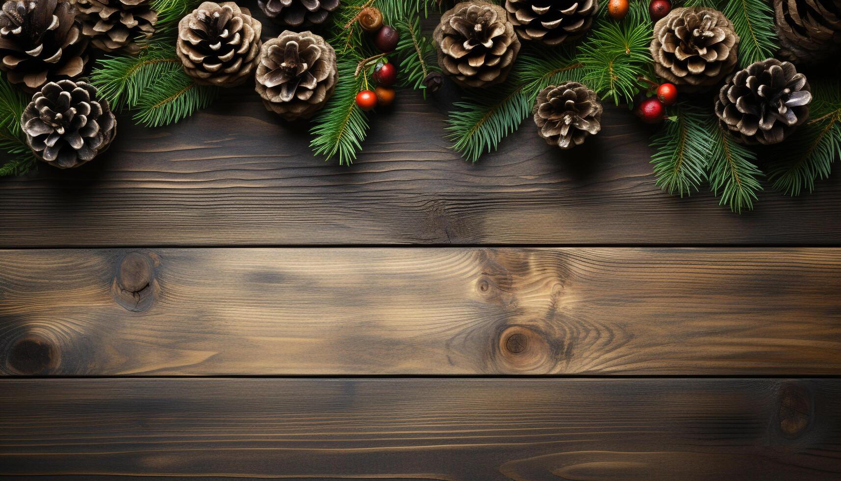 AI generated Rustic wood table with old pine cone decoration generated by AI photo