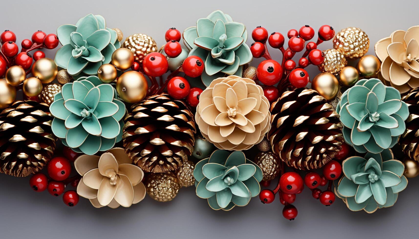 AI generated Winter nature background with Christmas ornament decoration, pine cone pattern generated by AI photo