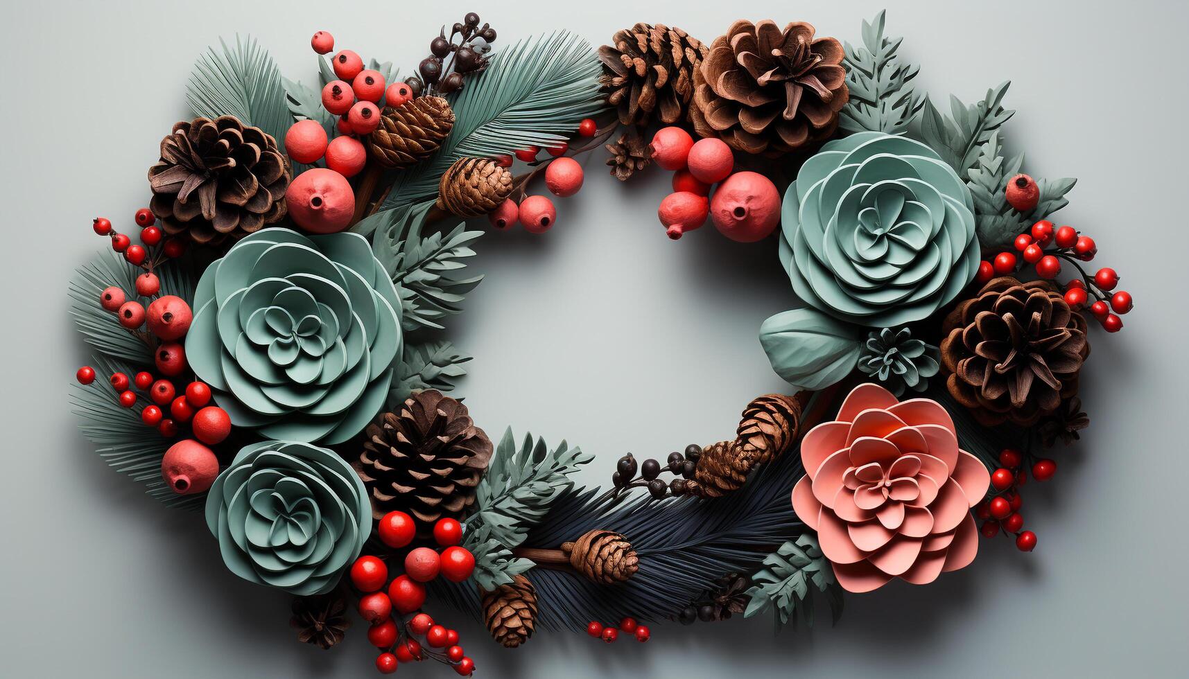 AI generated Winter celebration gift of nature, coniferous tree, snowflake wreath generated by AI photo