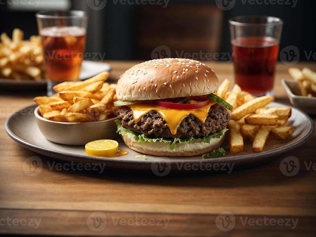AI generated a hamburger with cheese and lettuce on a wooden cutting board photo