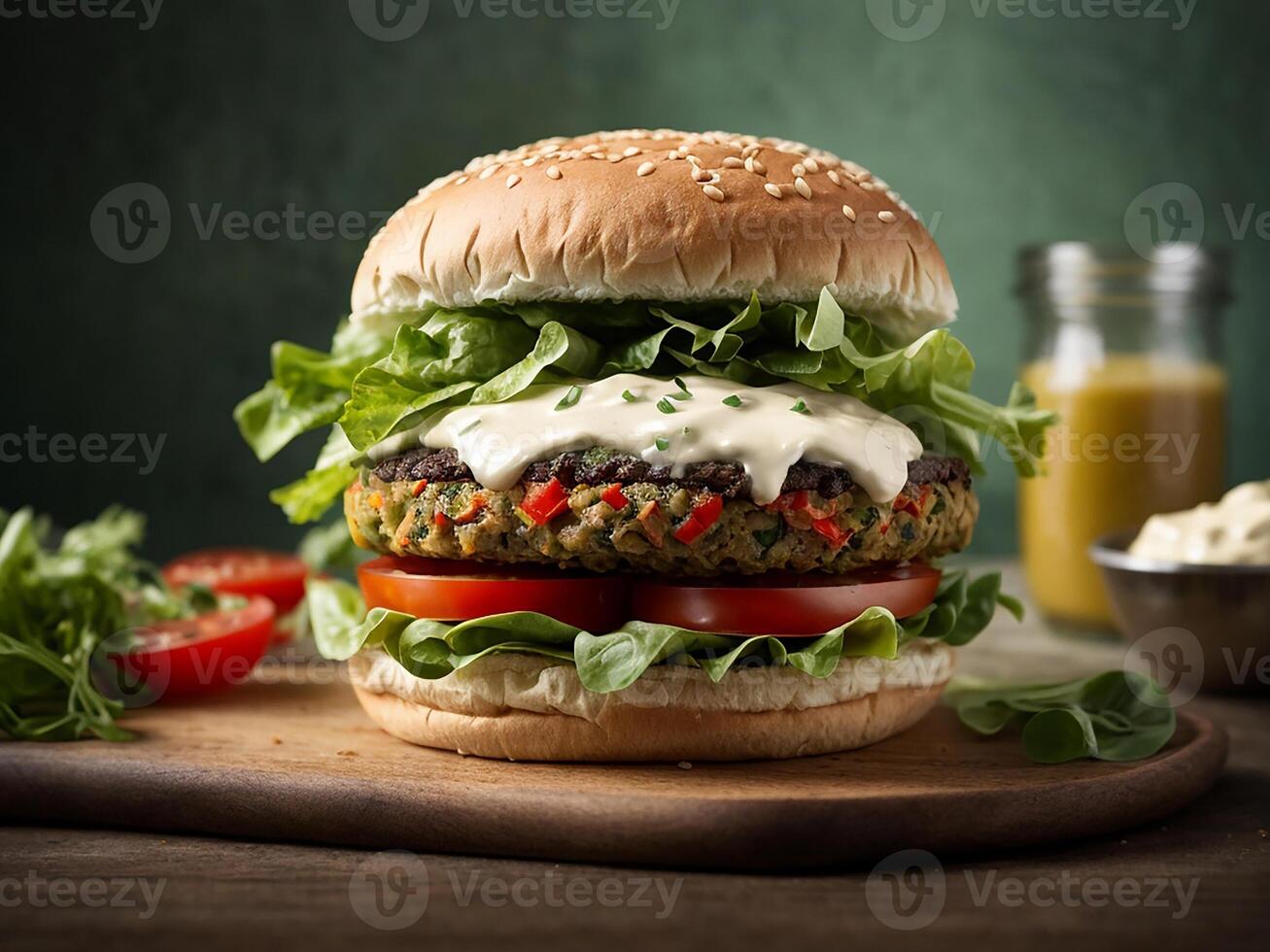 ai generado un hamburguesa con lechuga y tomate en un de madera corte tablero foto