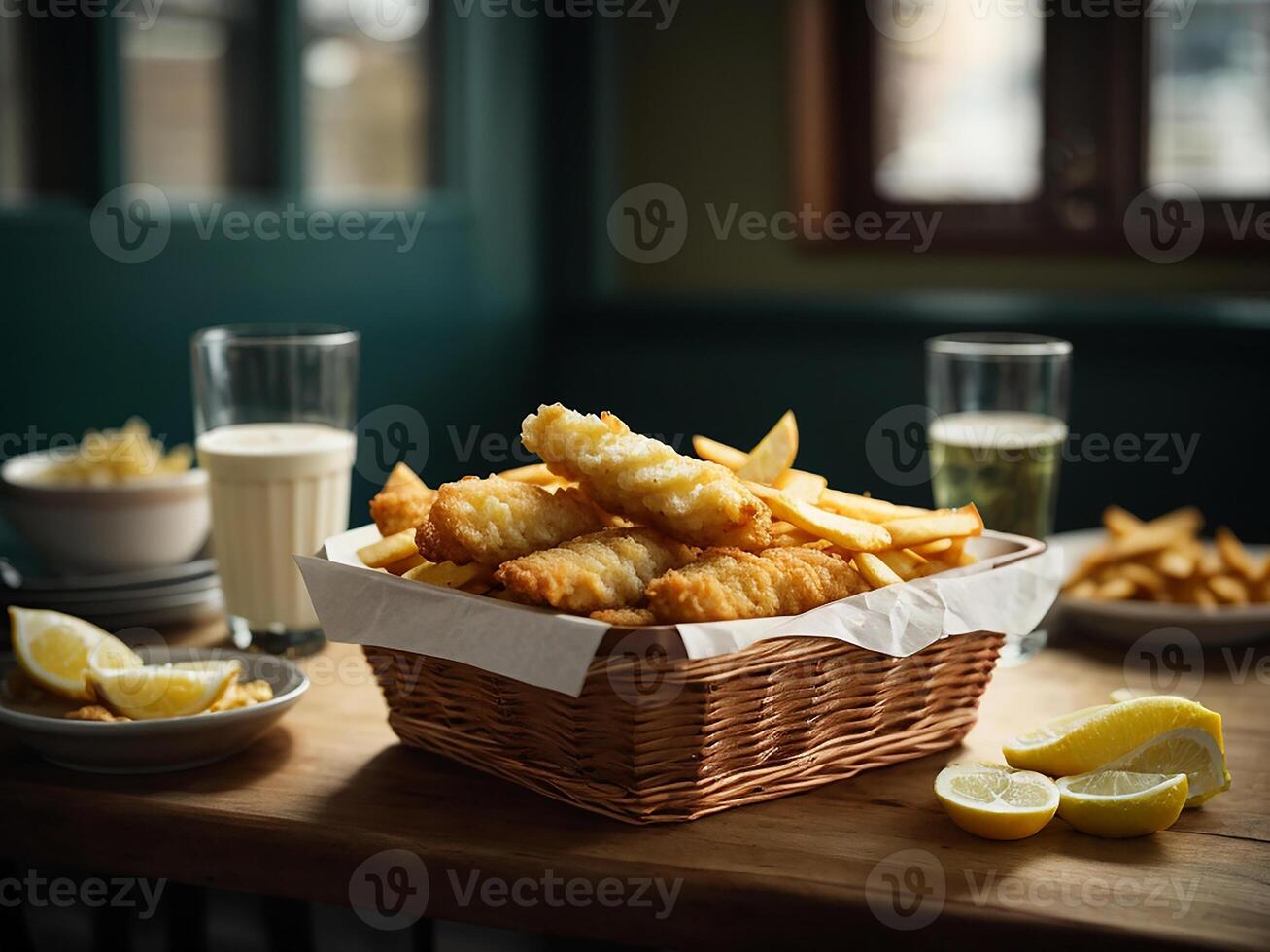 AI generated a basket of fish and chips sitting on a table photo