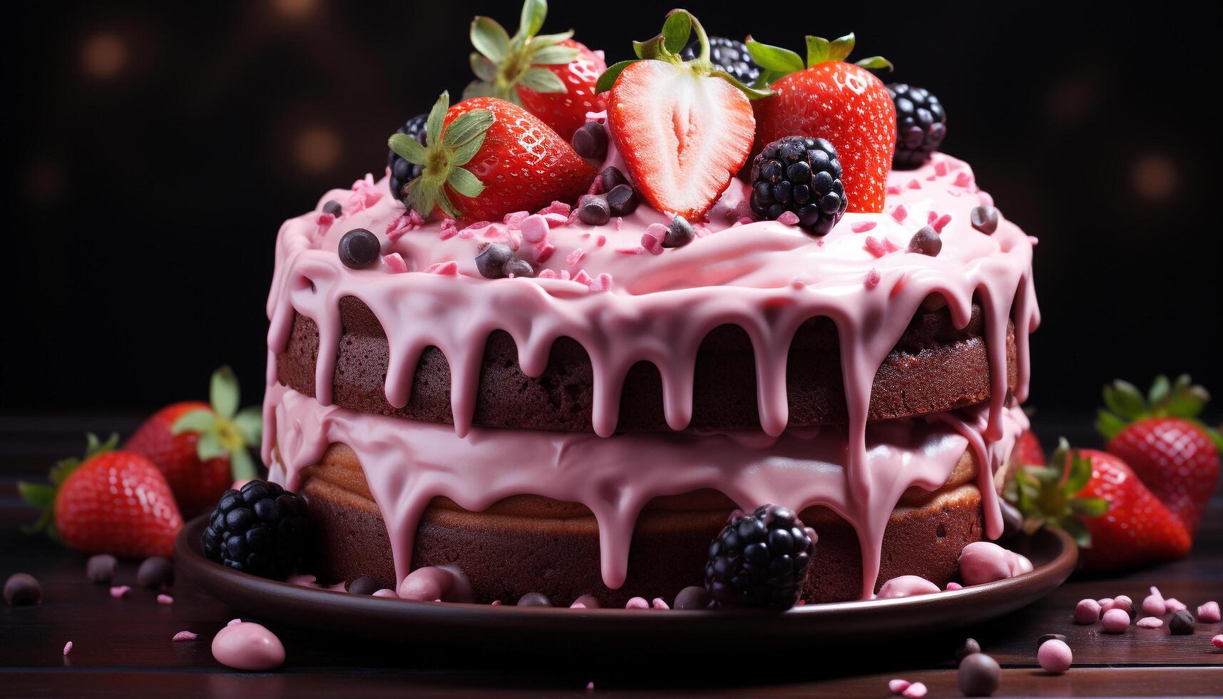 AI generated Homemade birthday cake with fresh strawberry decoration and whipped cream generated by AI photo