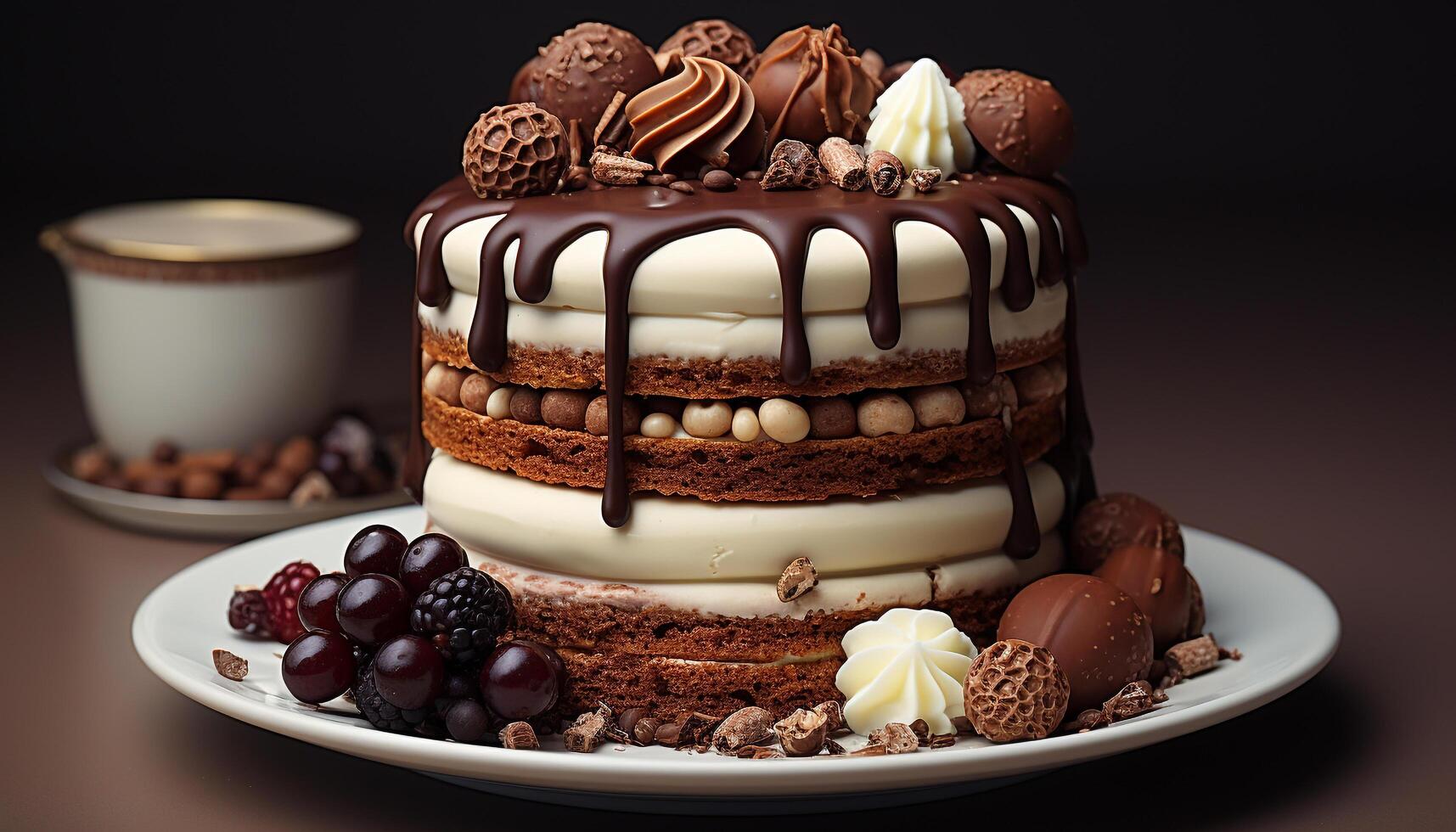AI generated Homemade chocolate cake slice with whipped cream and raspberry decoration generated by AI photo