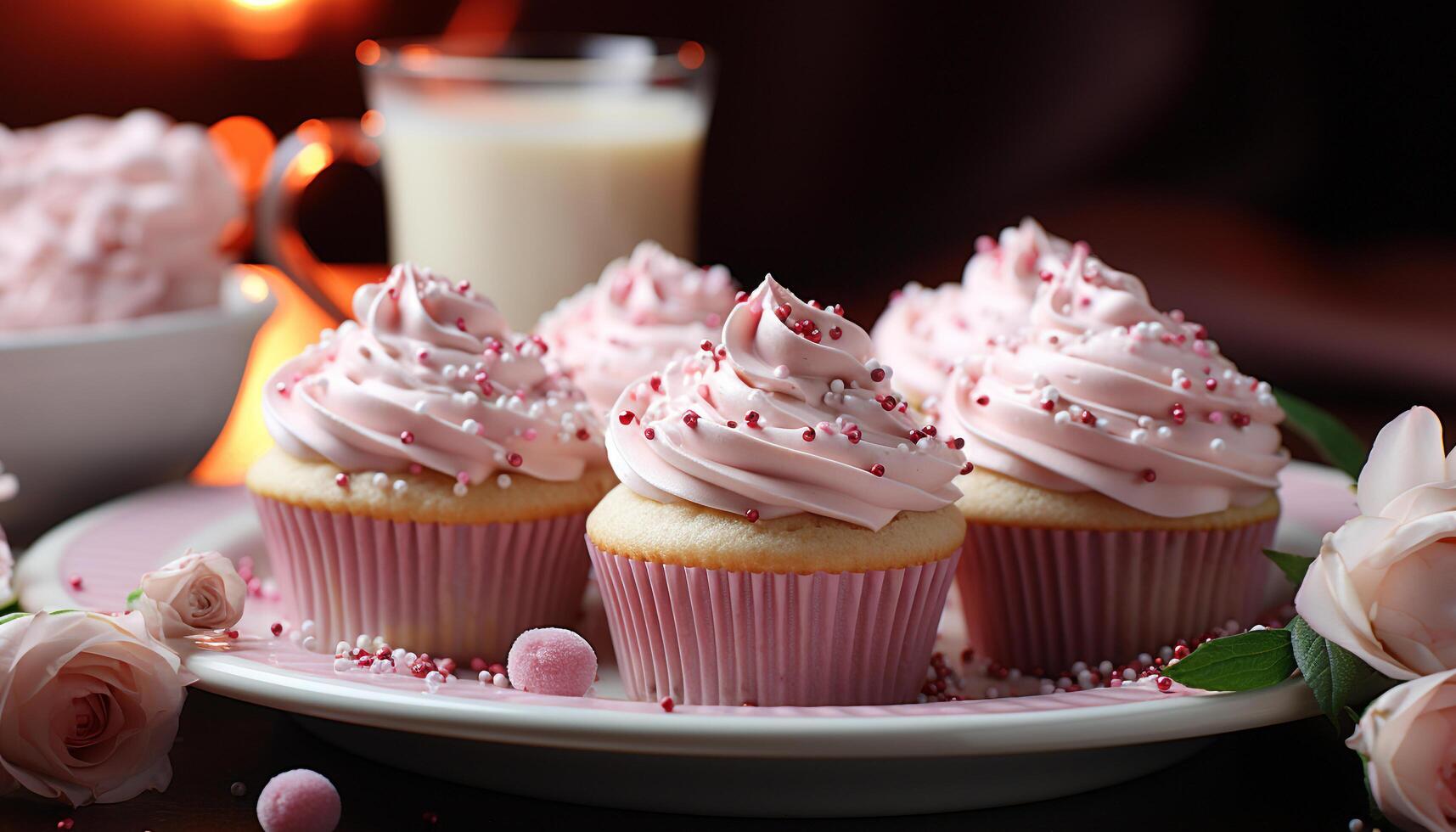 AI generated Freshly baked cupcakes with pink icing and candy decorations on table generated by AI photo