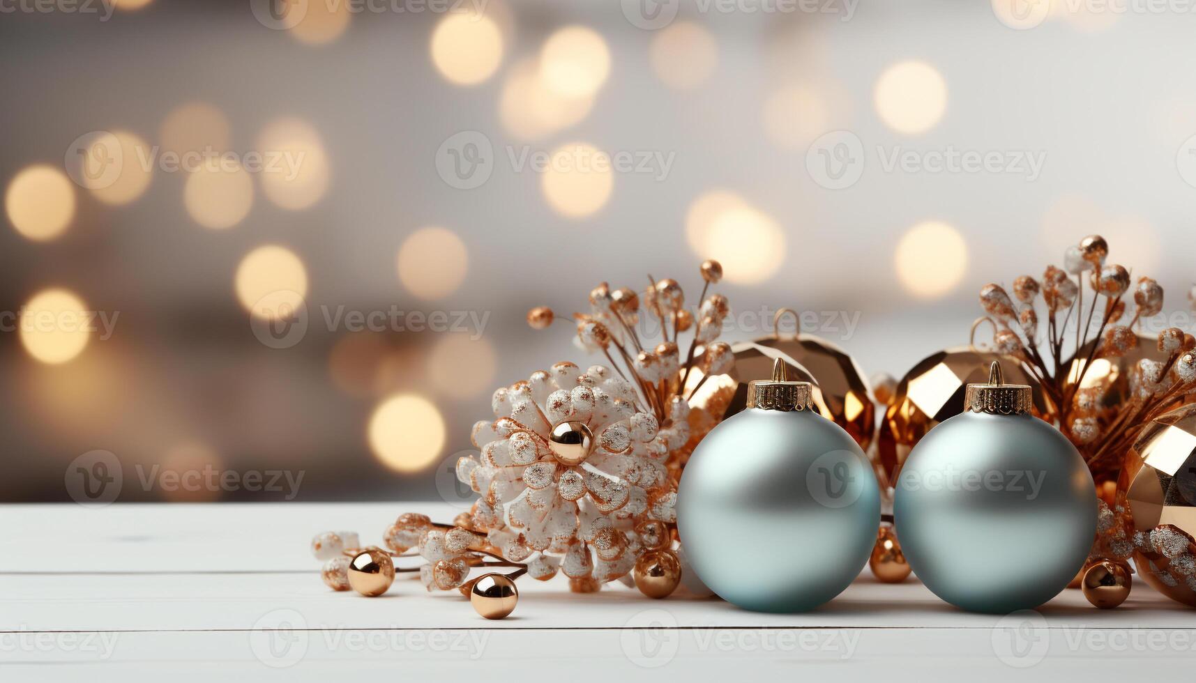 AI generated Shiny Christmas decorations illuminate the rustic wooden table indoors generated by AI photo
