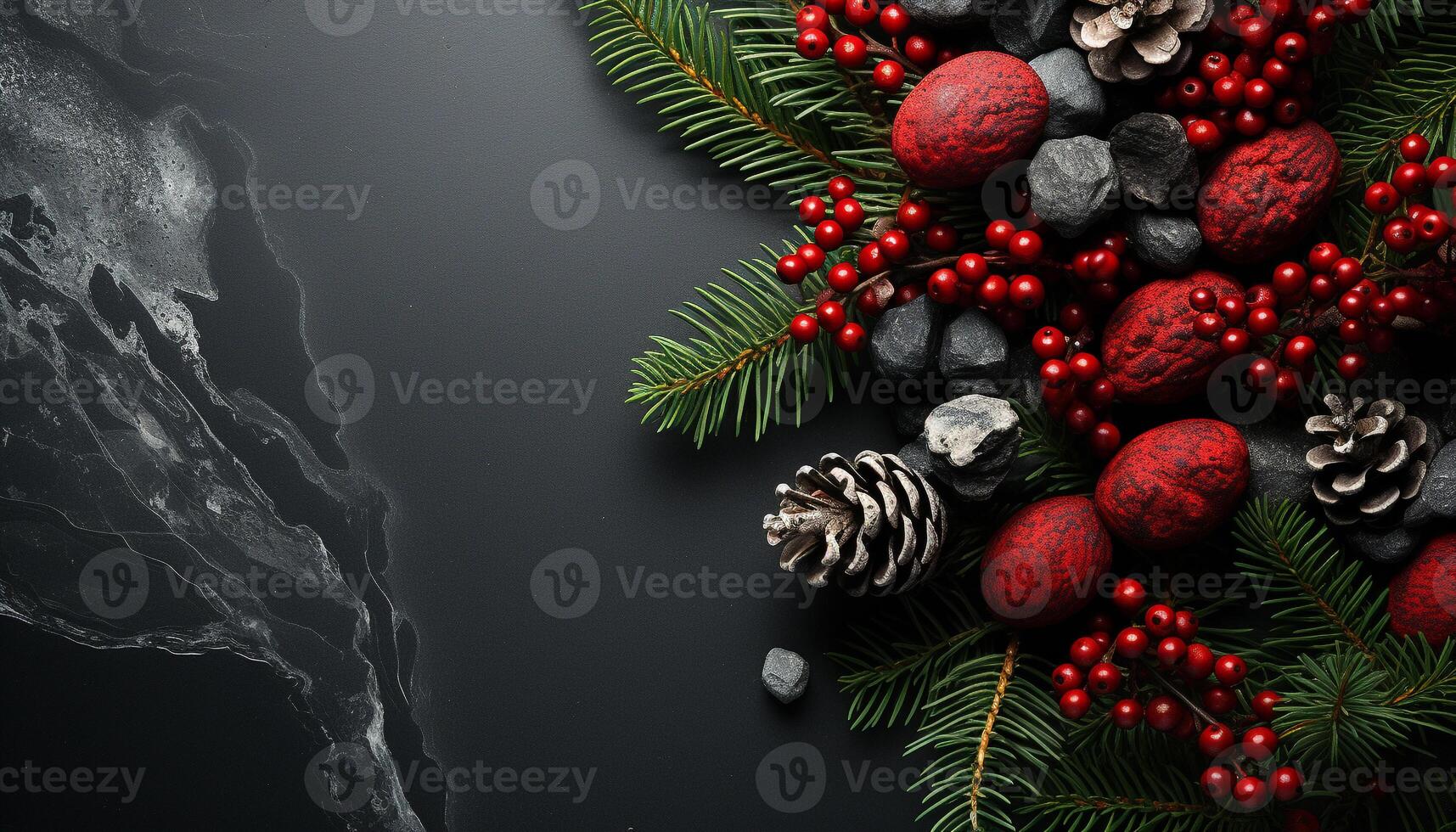 AI generated Christmas tree decoration on a snowy branch, shining with gold generated by AI photo