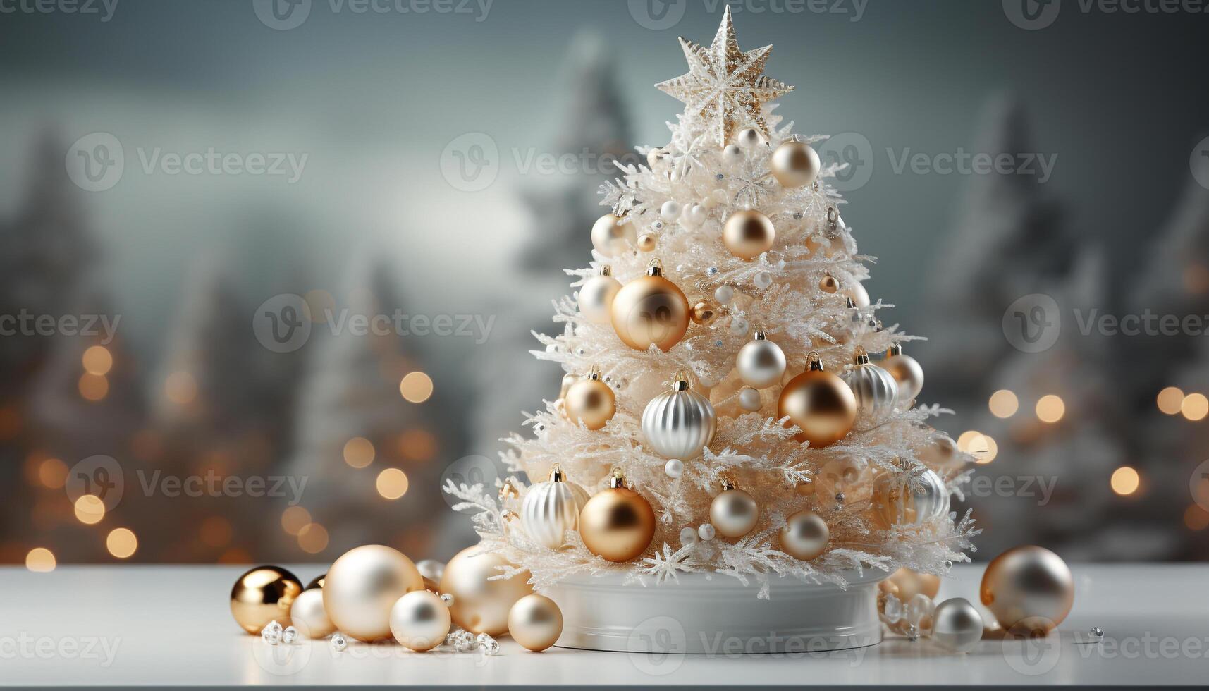 AI generated Christmas tree glowing with shiny gold ornaments and decorations generated by AI photo