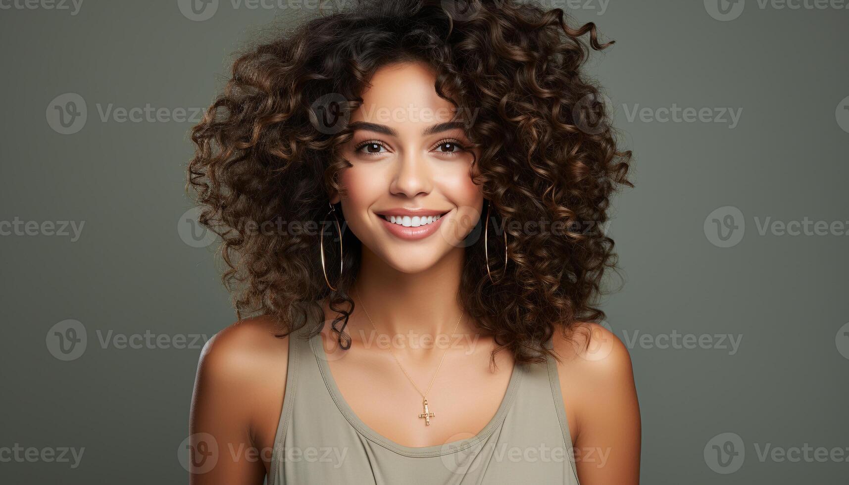 AI generated One beautiful woman with curly hair smiling, looking at camera generated by AI photo