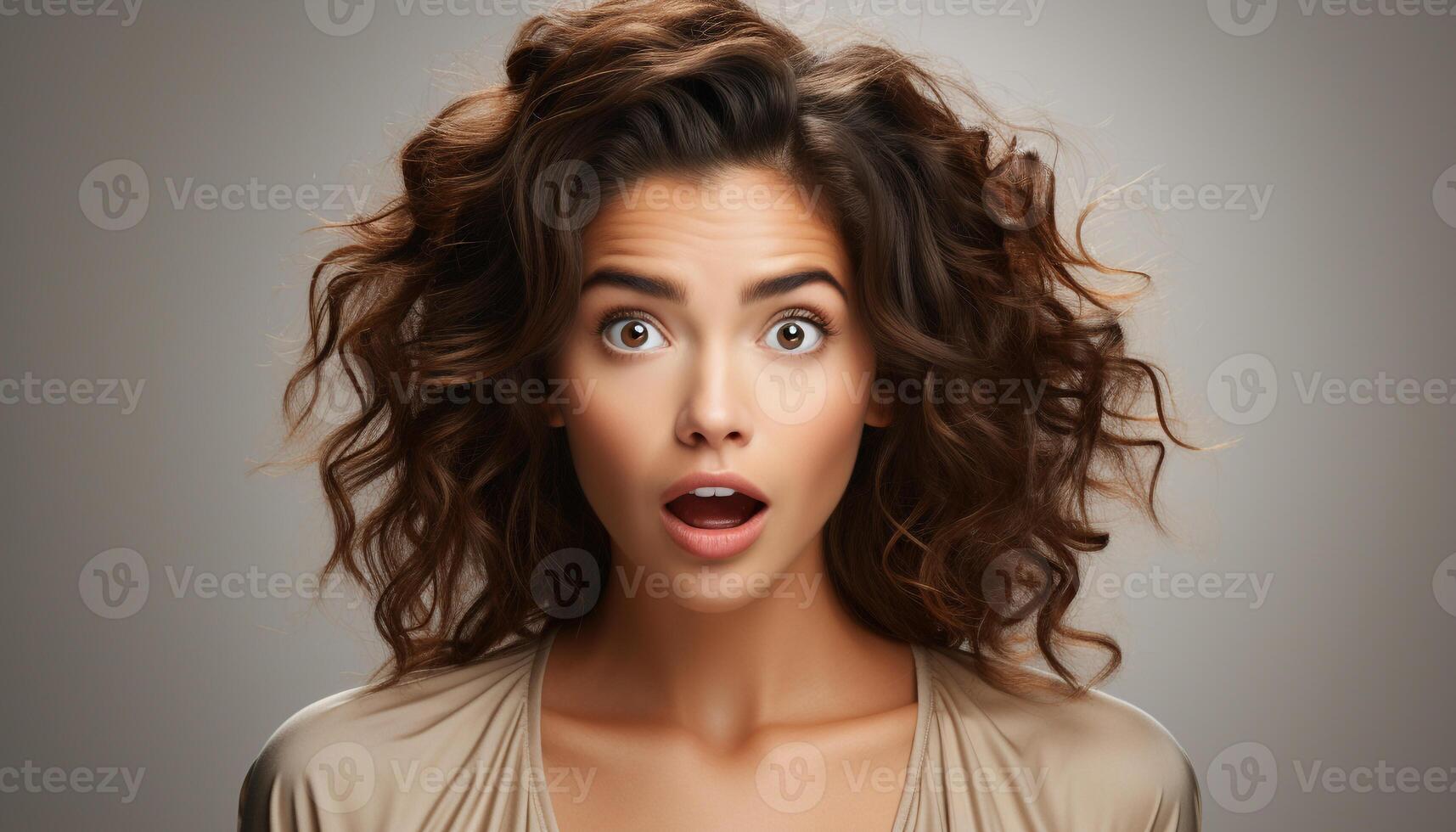 AI generated Beautiful woman with curly hair looking at camera in shock generated by AI photo