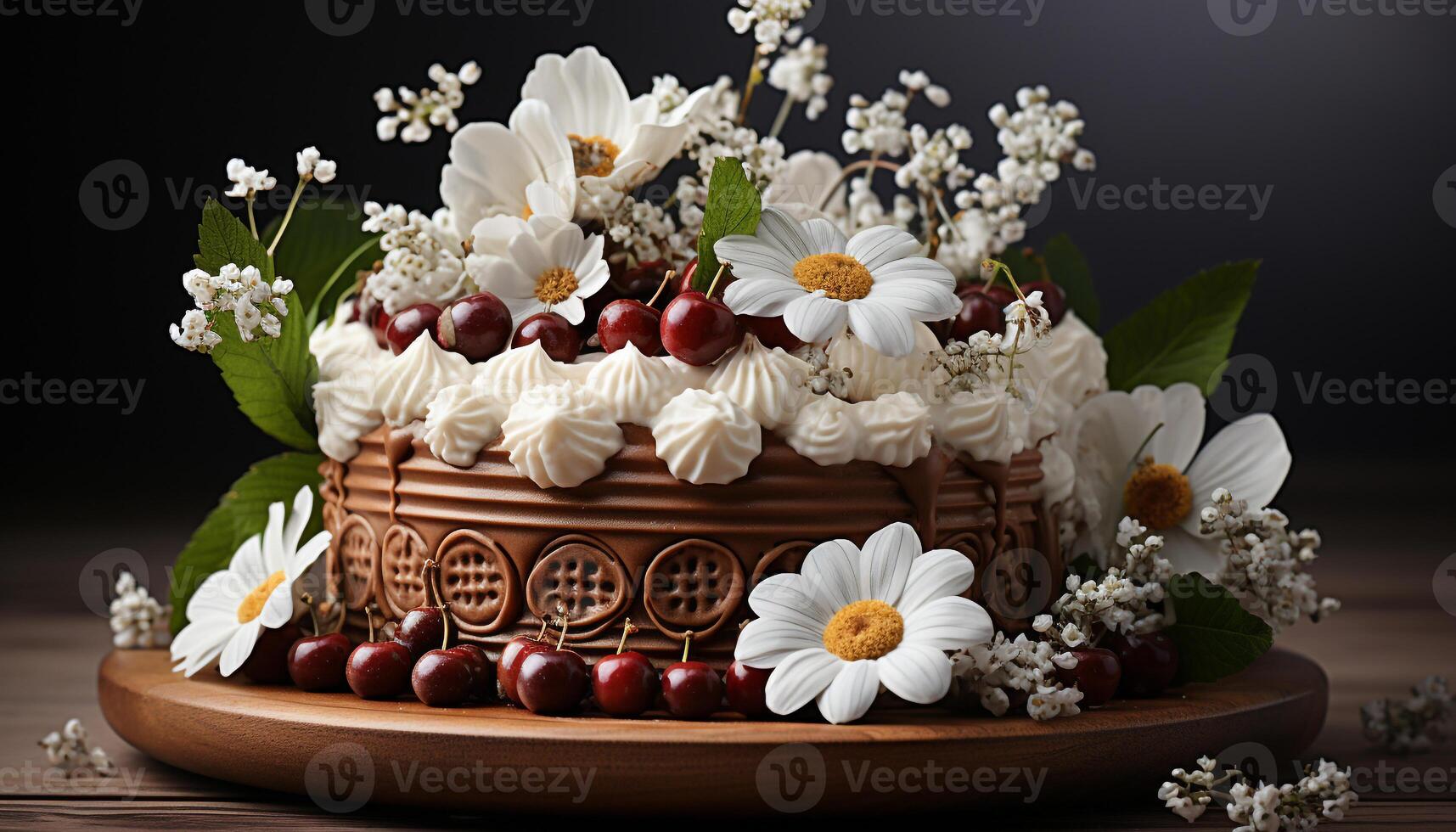 AI generated Fresh flower bouquet on wooden table, dessert plate with chocolate generated by AI photo