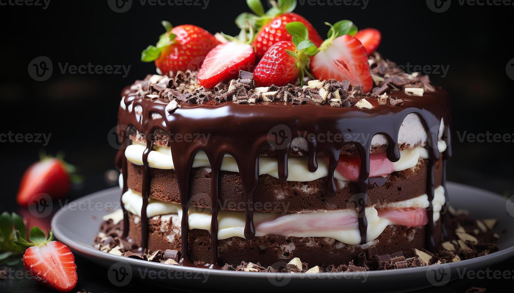 AI generated A fresh slice of homemade chocolate cake with strawberry cream generated by AI photo