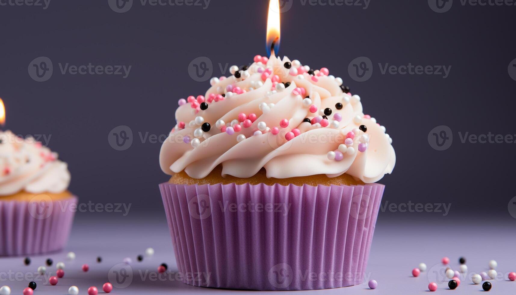 AI generated Homemade cupcake with pink icing, candle, and colorful decoration generated by AI photo
