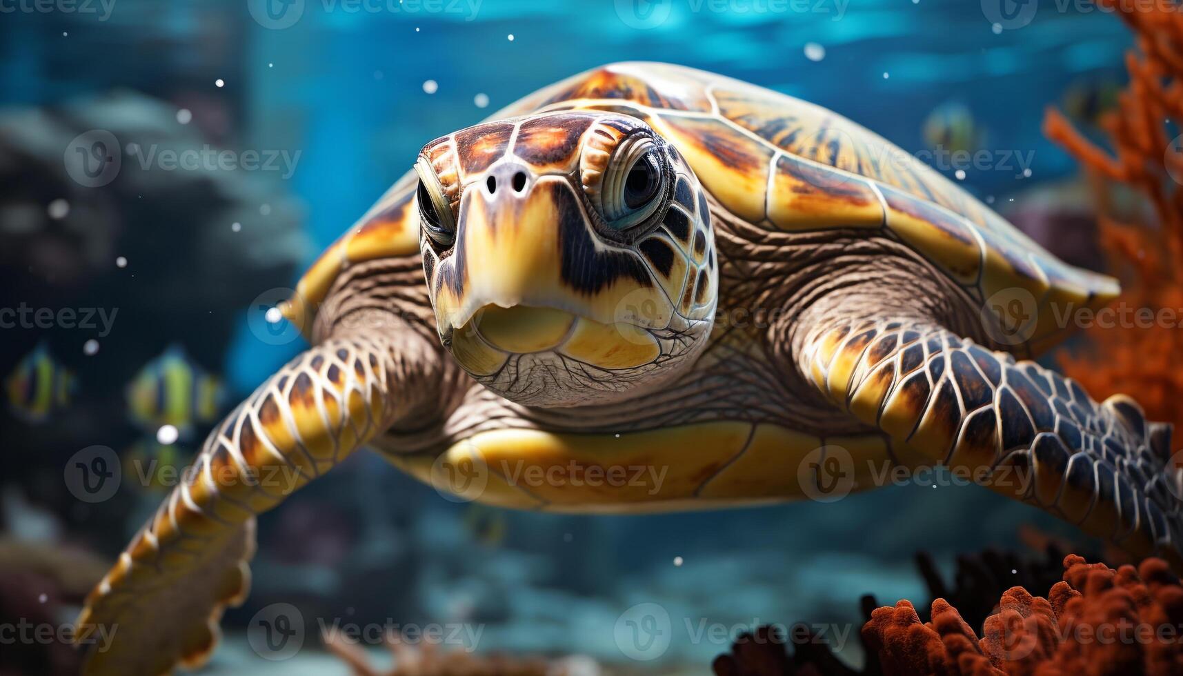 AI generated A large sea turtle swimming in the blue underwater generated by AI photo