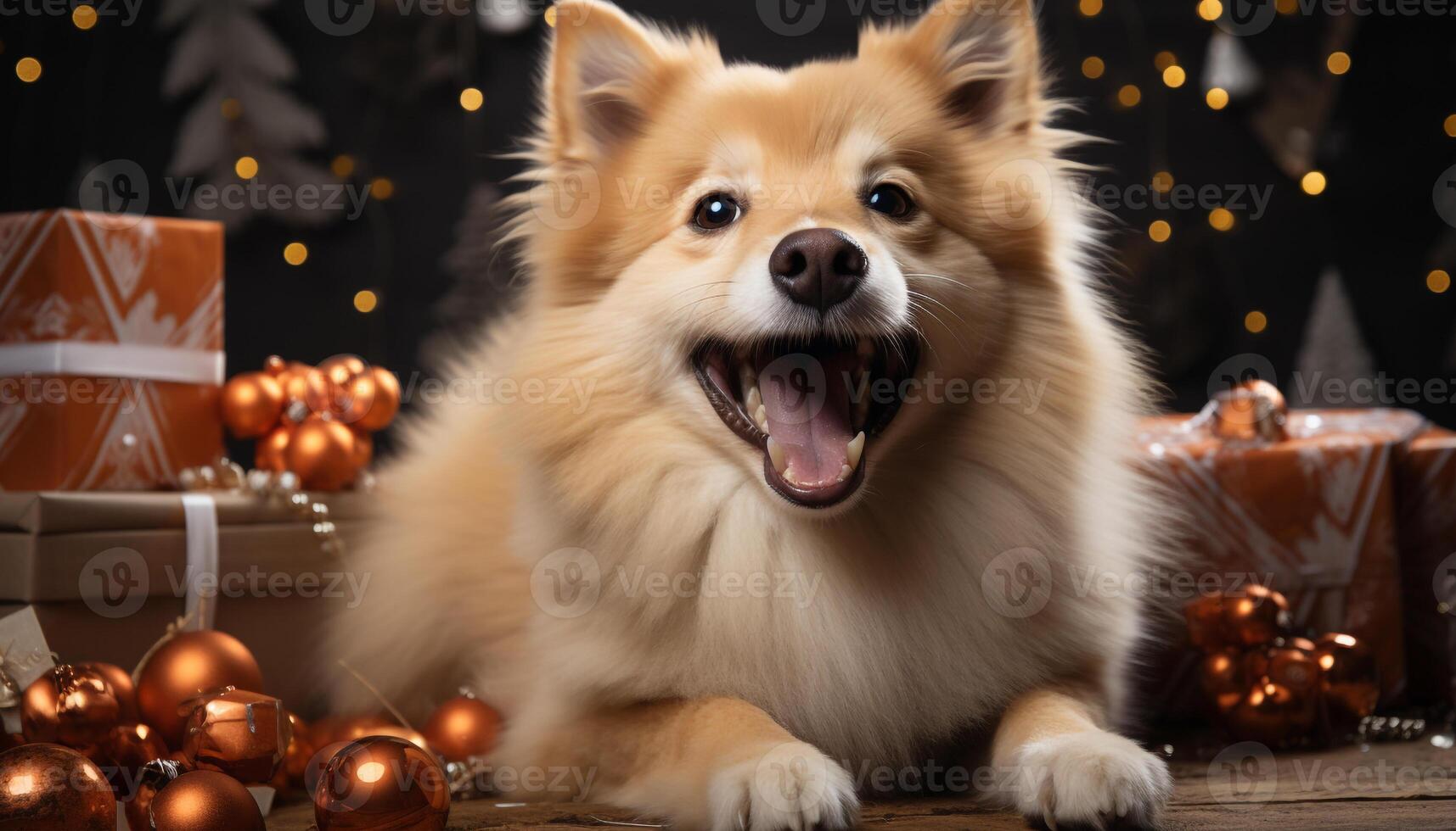 AI generated Cute puppy sitting by Christmas tree, looking at camera happily generated by AI photo