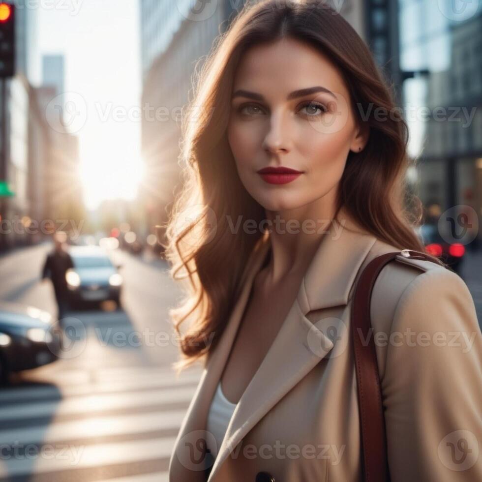 AI generated woman walking on the street in city photo