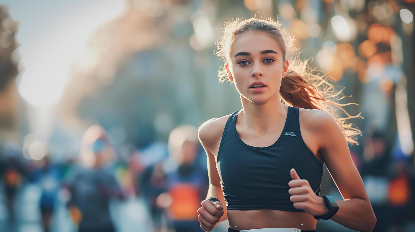 AI generated Woman running in a busy city street, perfect for fitness websites, urban lifestyle blogs, and health related social media posts. photo