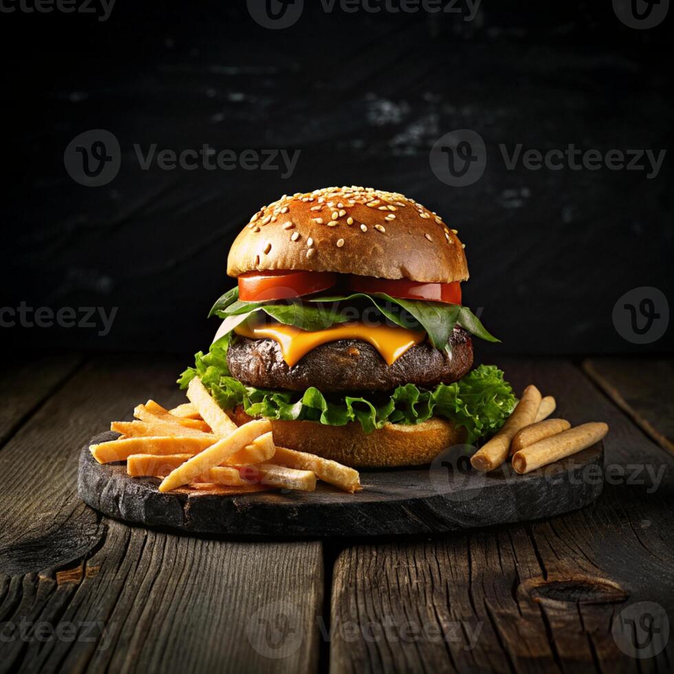 AI generated tasty hamburger with french fries photo