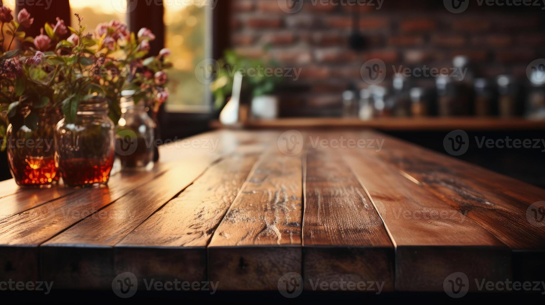 AI generated Warm sunlight bathes a rustic wooden table with flowers in jars, against a cozy kitchen interior with a blurred background. photo