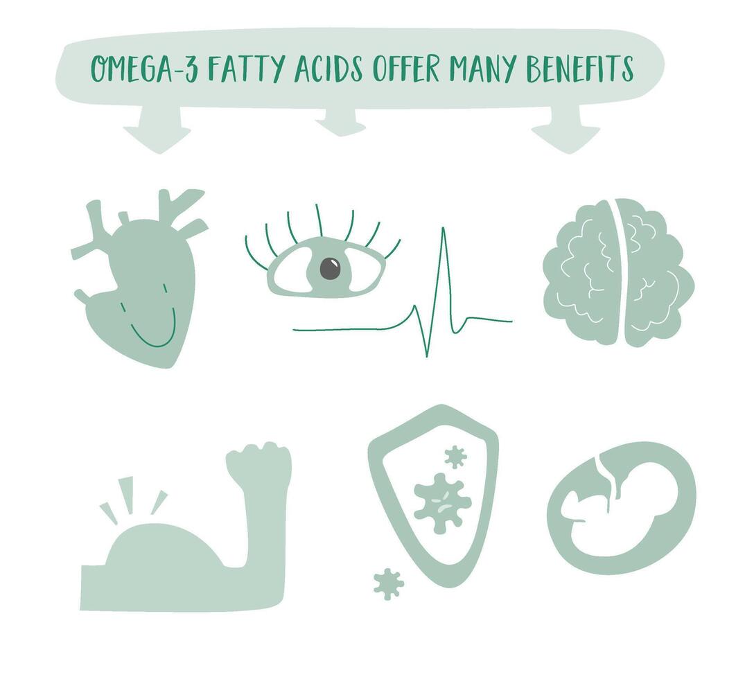 Omega 3 beneficios en esta plano diseño vector. corazón salud, cerebro función, y antiinflamatorio propiedades exhibido con vibrante visuales y diverso rico en nutrientes fuentes. un conciso guía a Wellnes vector
