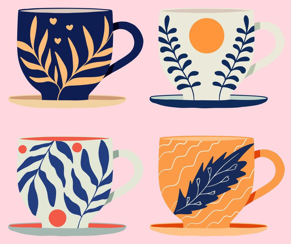 Set of various cups with tea. Side view. Different ornaments. Flowers, berries, Hand drawn colored trendy. Flat design. Isolated. Vector illustration