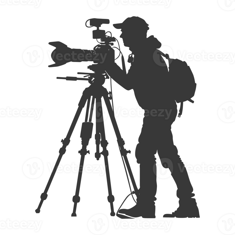 AI generated Silhouette cameramen or videografer in action black color only full body png