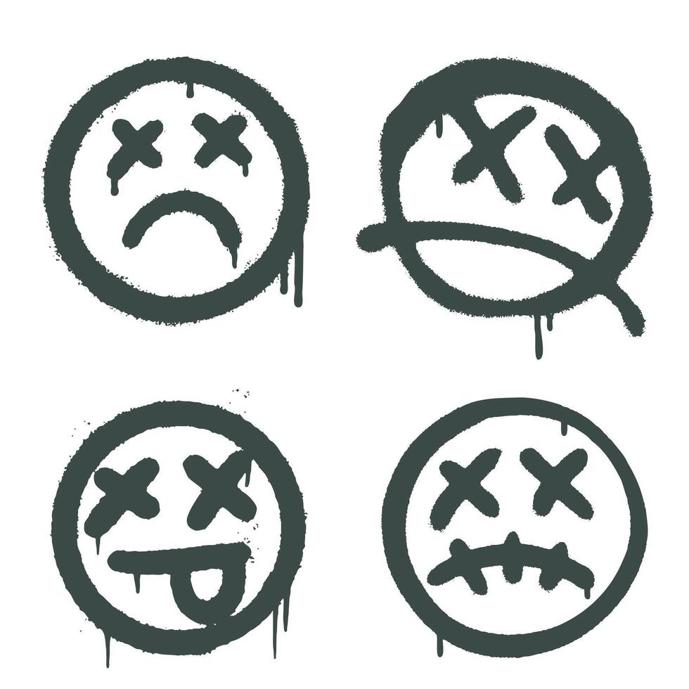 Set of grunge dead emojis painted with spray paint vector