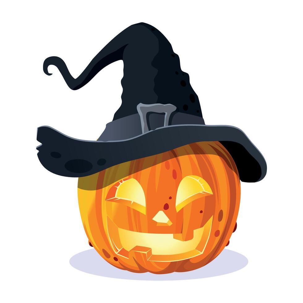 un linda Víspera de Todos los Santos calabaza en un bruja sombrero vector