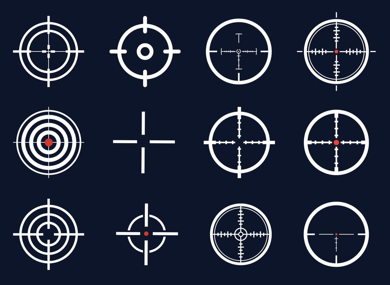 Optical sight view. Sniper scope POV overlay, measurement crosshair and look through zoom lens vector set. A set of zoom sights.