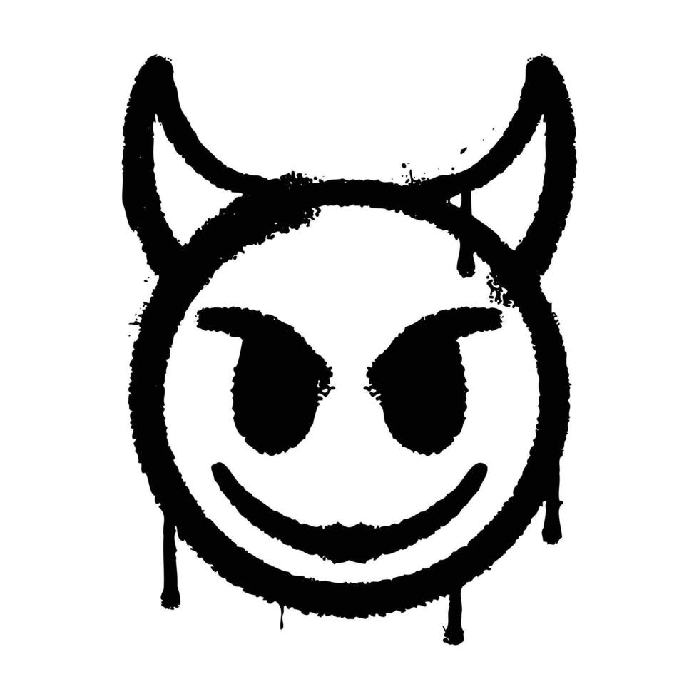 An angry emoticon is drawn with a spray can. Grunge emoticon with horns vector