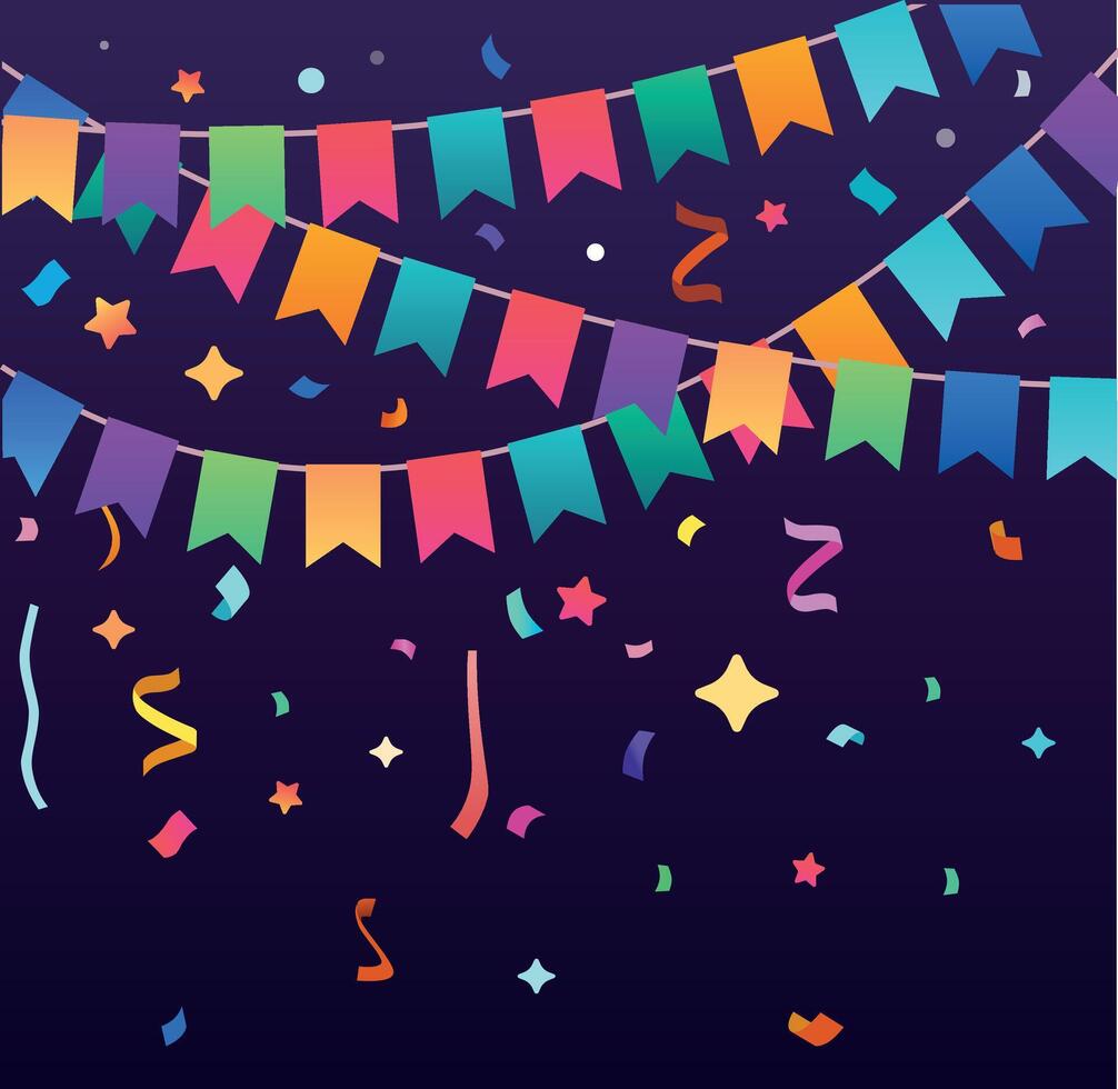 Image of a festively decorated room with flags and a streamer of confetti vector